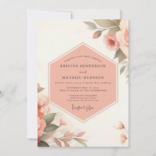 Pale Peach Floral Romance Wedding Kaart (Voorkant)