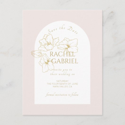Pale pink | Boho Arch Gouden Bloemen Huwelijk Briefkaart (Voorkant)