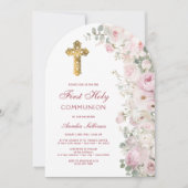 Pale Pink Flowers Arch First Communion Invitation (Devant)