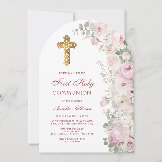 Pale Pink Flowers Arch First Communion Invitation (Devant)
