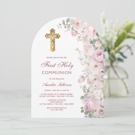 Pale Pink Flowers Arch First Communion Invitation (Debout devant)
