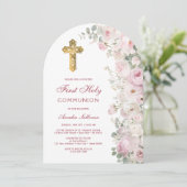 Pale Pink Flowers Arch First Communion Invitation Kaart (Staand voorkant)