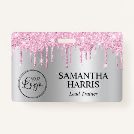 Pale Pink Glitter Drips Silver Shimmer Badge