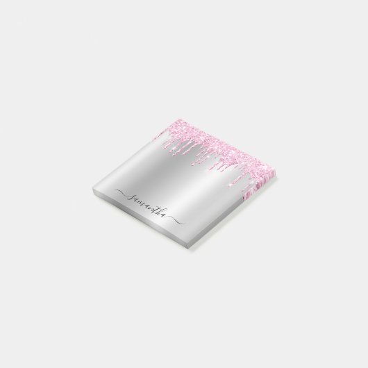 Pale Pink Glitter Drips Silver Shimmer Post-it® Notes (Schuin)