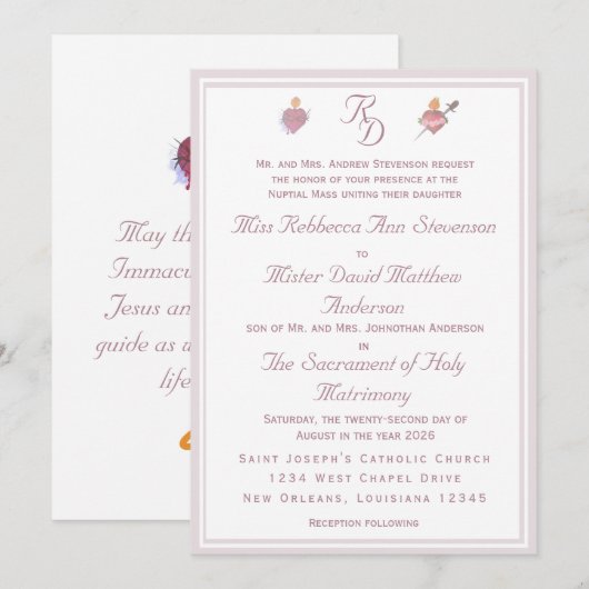Pale PinkTwo Hearts Catholic Wedding Invitation (Devant / Derrière)
