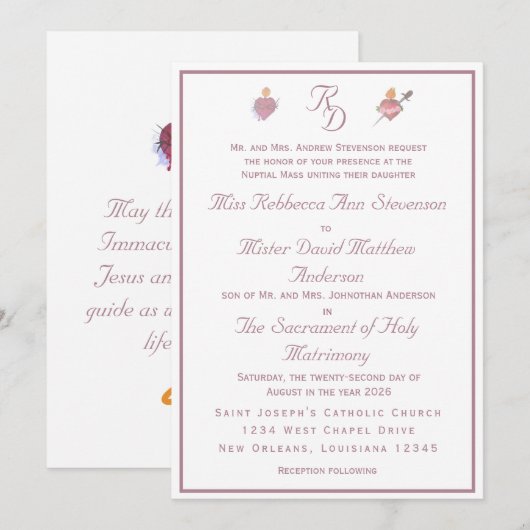 Pale PinkTwo Hearts Catholic Wedding Invitation (Devant / Derrière)