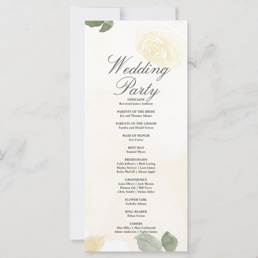 Pale Yellow Roses et programme de mariage vert (Dos)