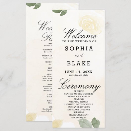 Pale Yellow Roses et programme de mariage vert (Devant / Derrière)