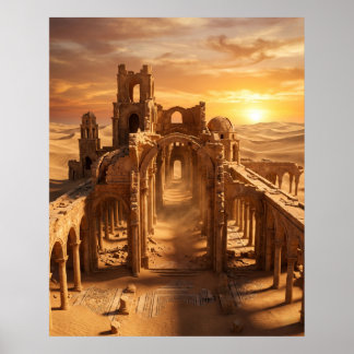 Paleisruïne in de woestijn bij zonsondergang poster