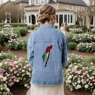 Palestina kaart met vlag en Keffiyeg patroon Denim Jacket