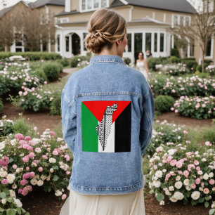 Palestina Vlag en Kaart met Keffiyeg Patroon Denim Jacket