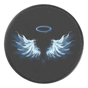 Palet De Hockey Blue Glowing Angel Wings on black background