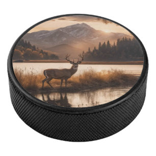 Palet De Hockey Cerf énorme à la ramure sur un lac de montagne