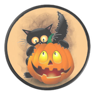 Palet De Hockey Chat Fun Halloween Caractère mordant un Citrouille