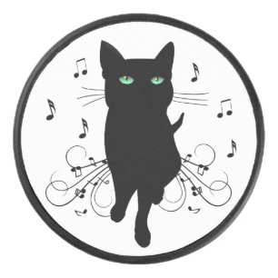 Palet De Hockey Chat noir entouré de notes de musique murmurantes