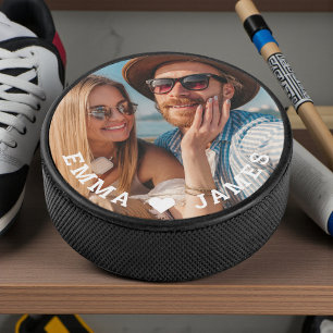 Palet De Hockey Cute Love Heart Photo Couples Noms personnalisés