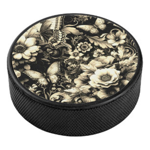 Palet De Hockey Fleurs Antiques Monochromes avec Papillons