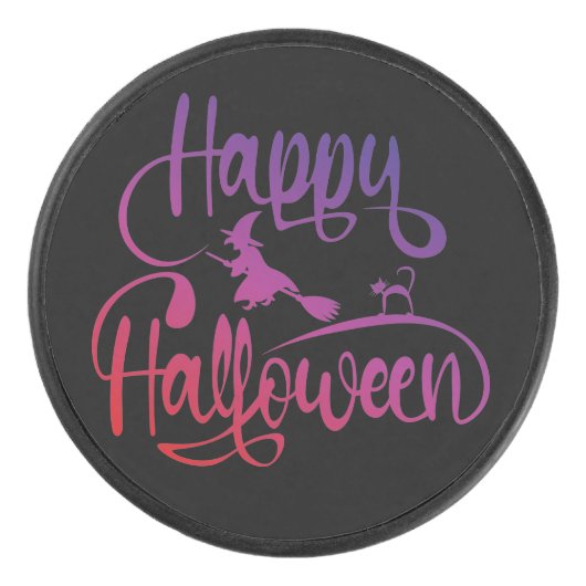 Palet De Hockey Happy Halloween dégradé volant sorcière chat (Devant)