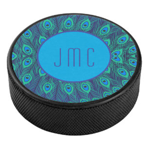 PALET DE HOCKEY PEACOCK FEATHER MOTIF AQUA BLUE GREEN MONOGRAS