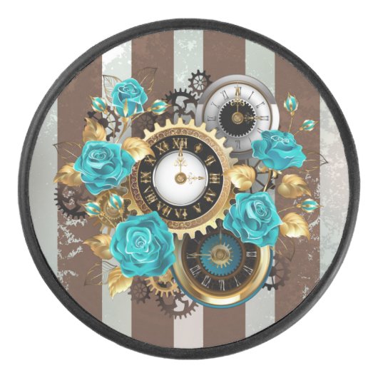 Palet De Hockey Steampunk Clock and Turquoise Roses on Striped (Devant)