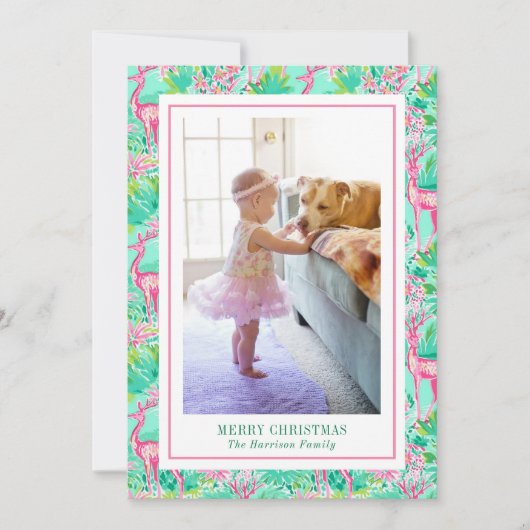 Palm Beach Kerst Roze & Groene rendieren Foto Feestdagenkaart (Voorkant)