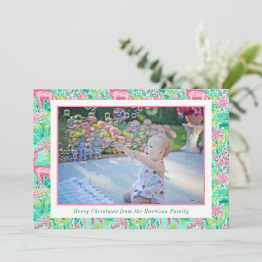 Palm Beach Kerst Roze & Groene rendieren Foto Feestdagenkaart (Staand voorkant)