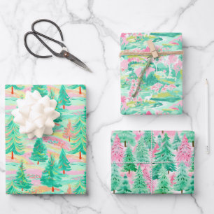 Palm Beach Kerst Waterverf Roze & Groen Inpakpapier Vel