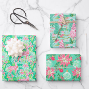 Palm Beach Kerst Waterverf Roze & Groen Inpakpapier Vel