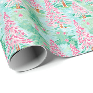 Palm Beach Kerst Waterverf Roze & Groene Bomen Cadeaupapier