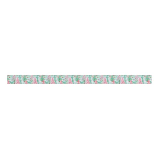 Palm Beach Kerst Waterverf Roze & Groene Bomen Grosgrain Lint (Voorkant)