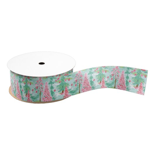 Palm Beach Kerst Waterverf Roze & Groene Bomen Grosgrain Lint (Spoel)
