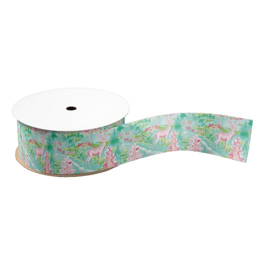 Palm Beach Kerst Waterverf Roze & Groene Herten Grosgrain Lint (Spoel)