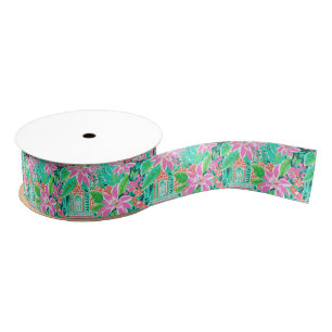 Palm Beach Kerst Waterverf Tropisch huis Grosgrain Lint