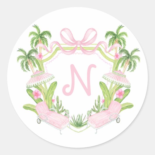 Palm Beach Monogram Crest Ronde Sticker (Voorkant)