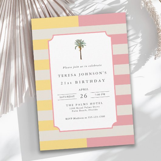 Palm Beach Pastel Stripe Tropical 21st Birthday Kaart