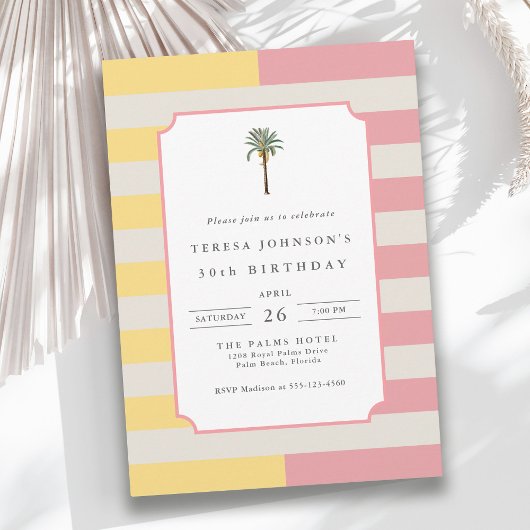 Palm Beach Pastel Stripe Tropical 30th Birthday Kaart