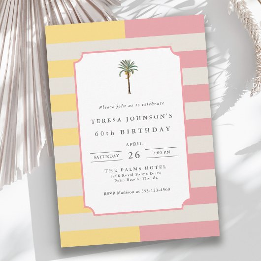 Palm Beach Pastel Stripe Tropical 60th Birthday Kaart