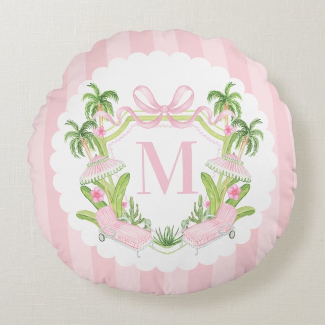 Palm Beach Pink Loungers Monogram Crest Rond Kussen (Voorkant)