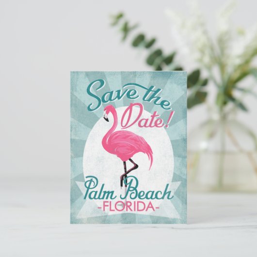 Palm Beach Save the Date Pink Flamingo Aankondigingskaart (Staand voorkant)