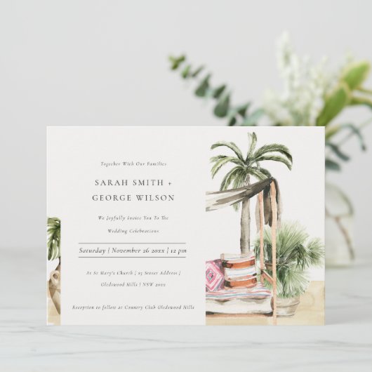 Palm Beach Tropical Palm Cabana Mariage Invitation (Debout devant)