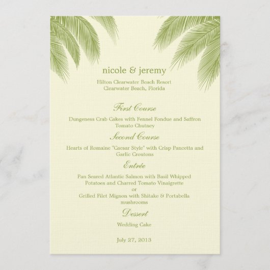 Palm Beach Wedding Menu Card - Green (Voorkant)
