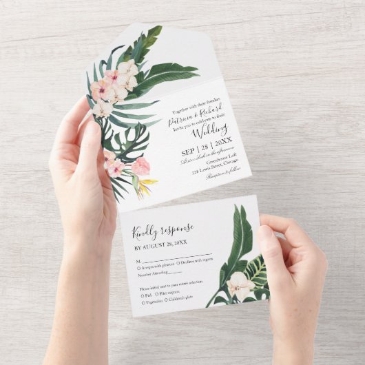 Palm bladeren hibiscus tropische elegante bruiloft all in one uitnodiging (Afscheurbaar)