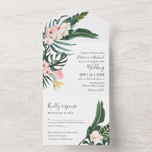 Palm bladeren hibiscus tropische elegante bruiloft all in one uitnodiging (Binnen)