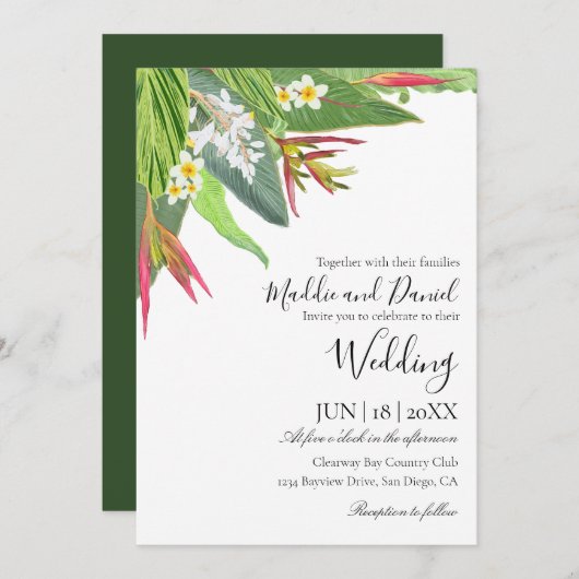 Palm bladeren plumeria tropische elegante bruiloft kaart (Voorkant / Achterkant)