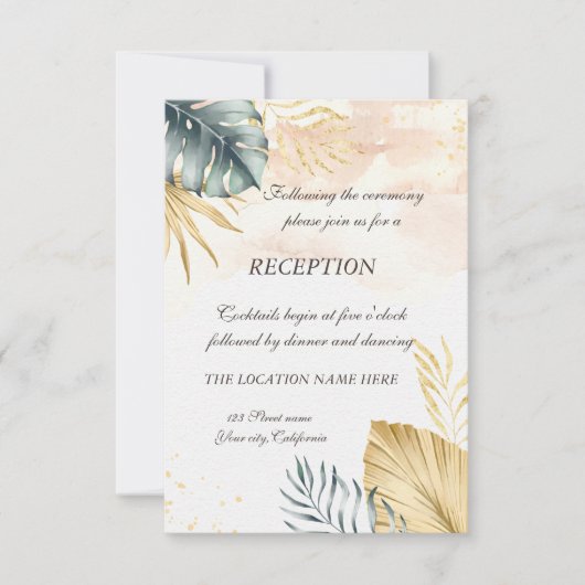 Palm Feuille Beach Mariage Réception Invitation (Devant)