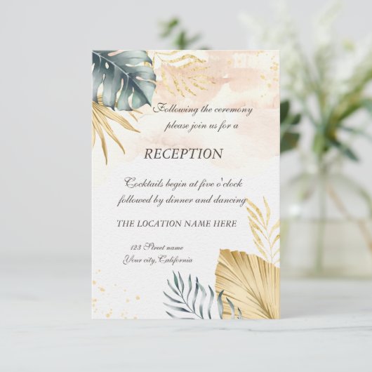 Palm Feuille Beach Mariage Réception Invitation (Debout devant)