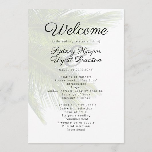 Palm Fronds Beach Wedding Ceremony Programme (Devant)