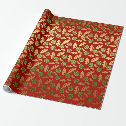 Palm Hawaii Leafs Emerald Green Red Gold Cadeaupapier (Uitgerold)