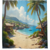 Palm ingelijst uitzicht van strandhutten en oceaan douchegordijn (Voorkant)