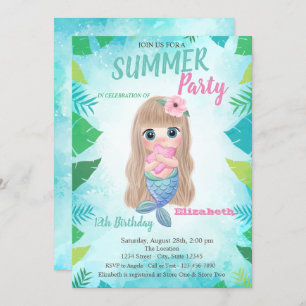 Palm Leaf, Baby Mermaid Birthday Party Invitation Kaart